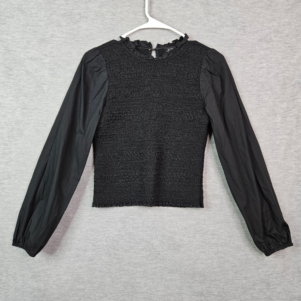 J.Crew Black Organic Cotton Smocked Ruffle Neck Long Sleeve Top XS